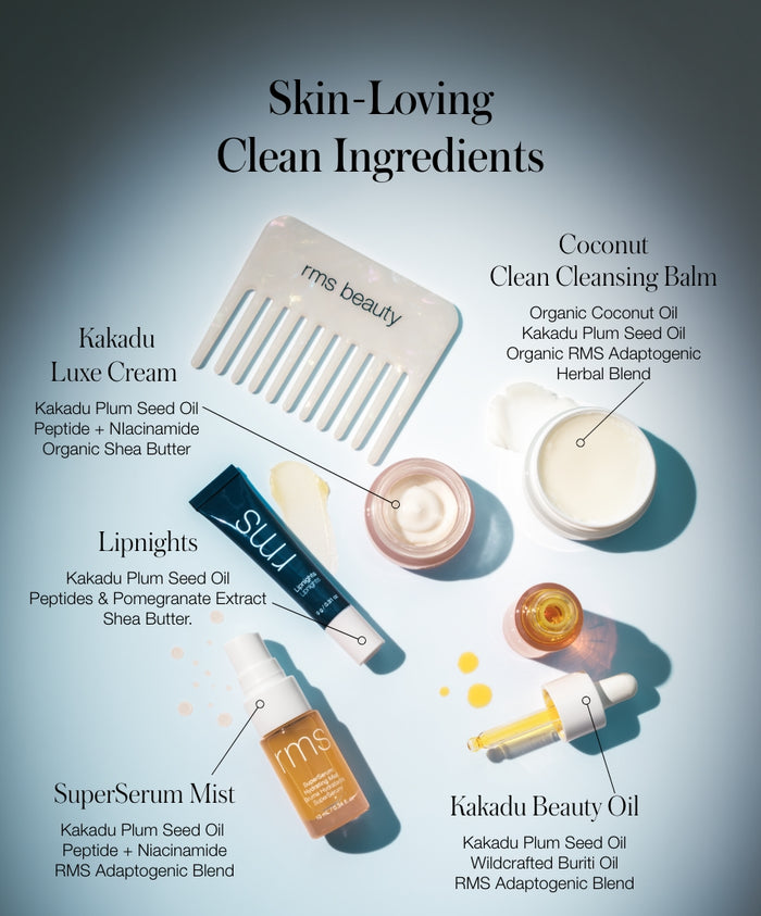 The Travel Skincare Set featuring skincare products with clean ingredients like Kakadu Plum Seed Oil, organic coconut oil, shea butter, peptides, and adaptogenic herbal blends, accompanied by an RMS Beauty comb.