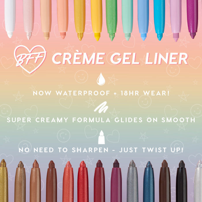 Total Essentials ColourPop Crème Gel Liner set arranged in two rows of uncapped rainbow pencils, showcasing waterproof 18‑hour wear, super‑creamy glide, and twist‑up design against a pastel gradient with doodled hearts and stars.