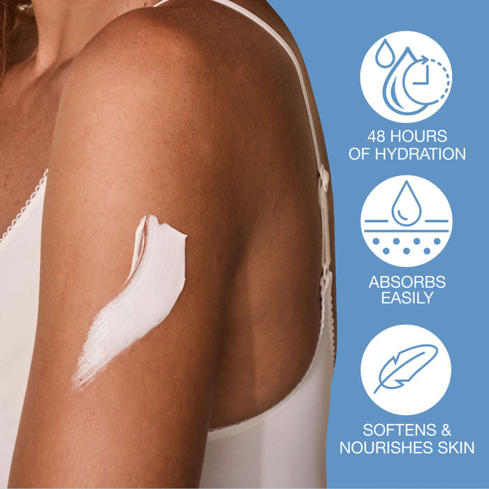 Woman's arm with a skincare product applied, featuring icons and text about product benefits on a blue background.