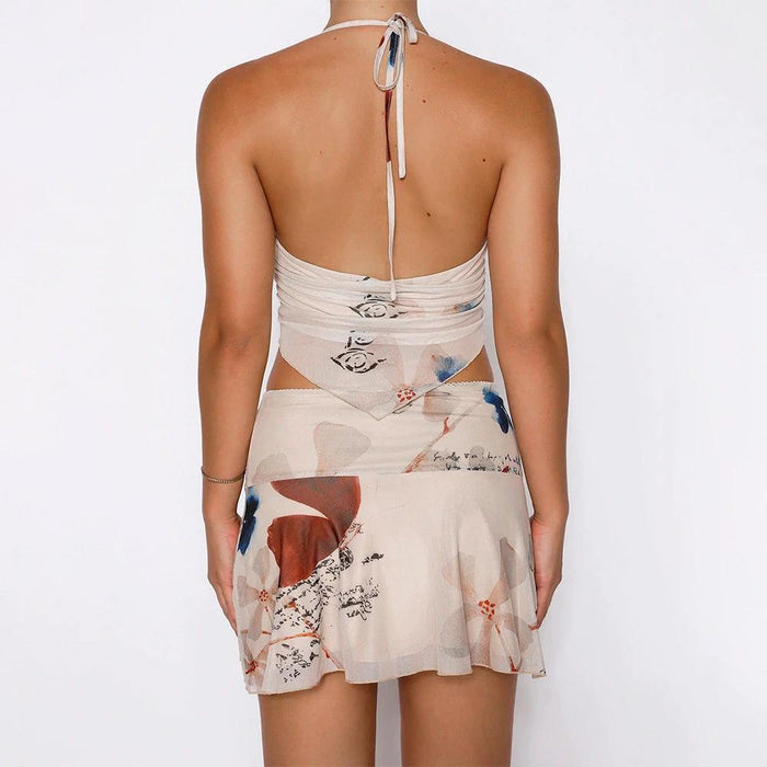 V-neck Halter Top And Pleated Shorts Set