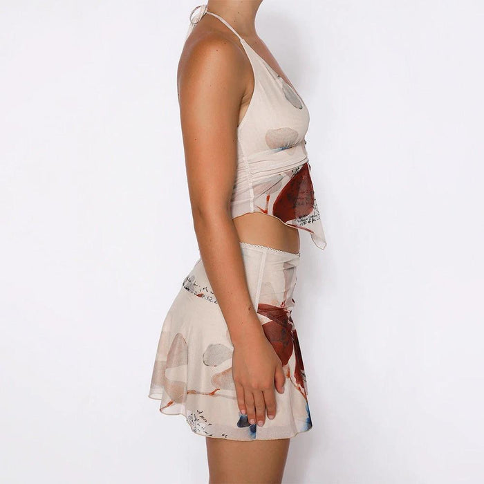 V-neck Halter Top And Pleated Shorts Set