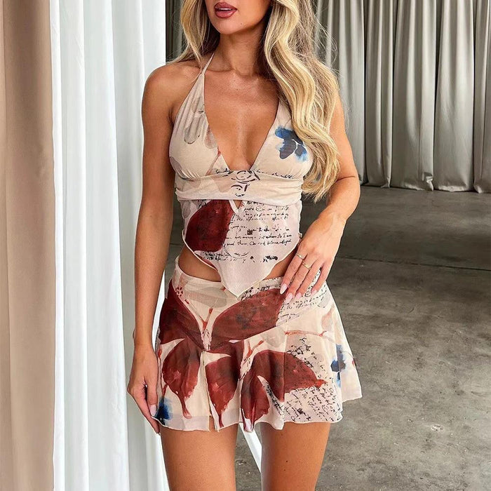 V-neck Halter Top And Pleated Shorts Set