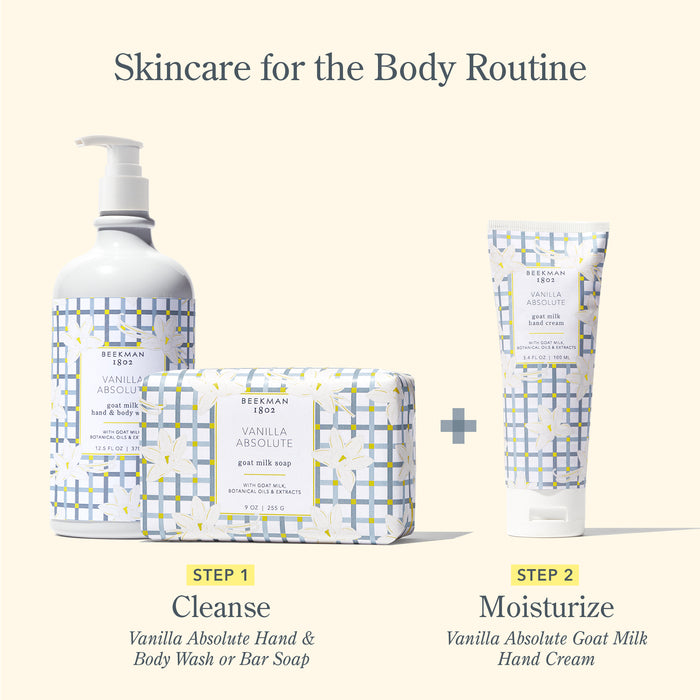 Clean, Hydrated Skin Starts Here | Step 1: Cleanse with Vanilla Absolute Hand & Body Wash or Bar soap, Step 2: Moisturize with Vanilla Absolute Goat Milk Hand Cream