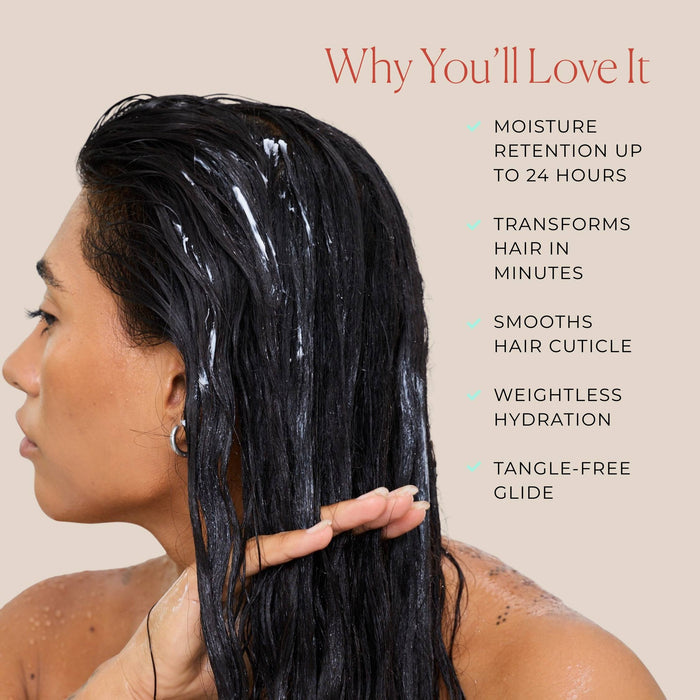 Woman with wet hair and text listing benefits on a beige background