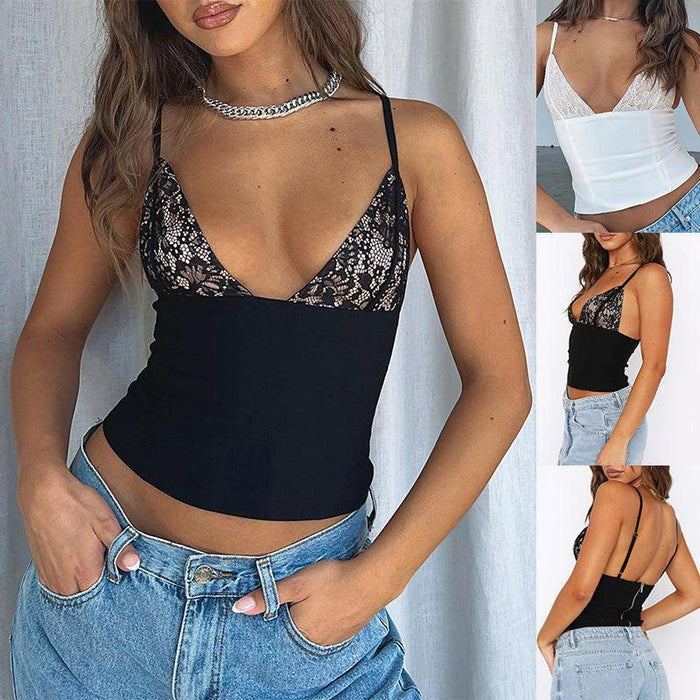 Women's V-Neck Slim Sleeveless Camisole Lace Vest With Back Zipper Design