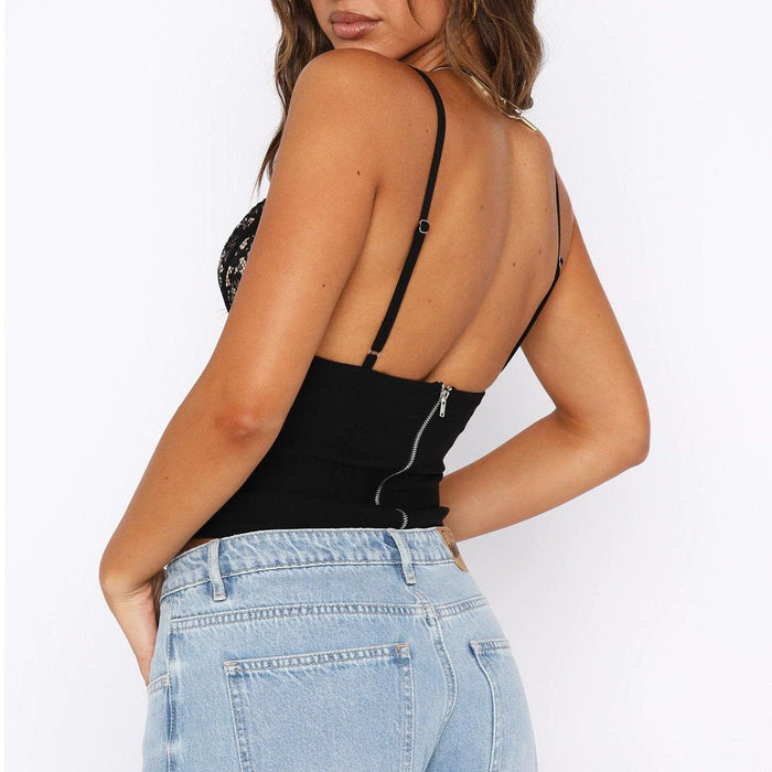 Women's V-Neck Slim Sleeveless Camisole Lace Vest With Back Zipper Design