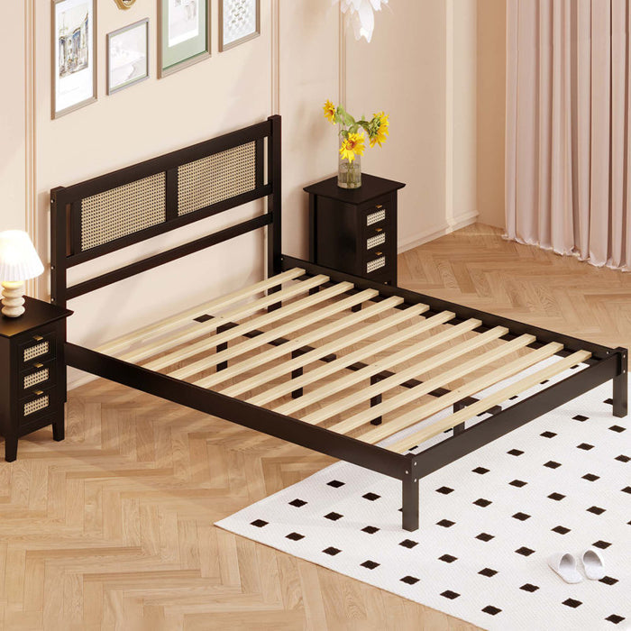 Wooden Platform Full Size Black Bed with Natural Rattan Headboard,Minimalist Elegance Charm for Bedroom