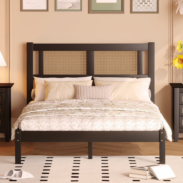 Wooden Platform Full Size Black Bed with Natural Rattan Headboard,Minimalist Elegance Charm for Bedroom