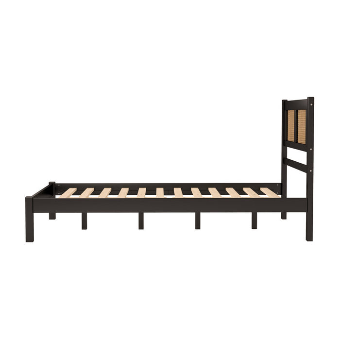 Wooden Platform Full Size Black Bed with Natural Rattan Headboard,Minimalist Elegance Charm for Bedroom