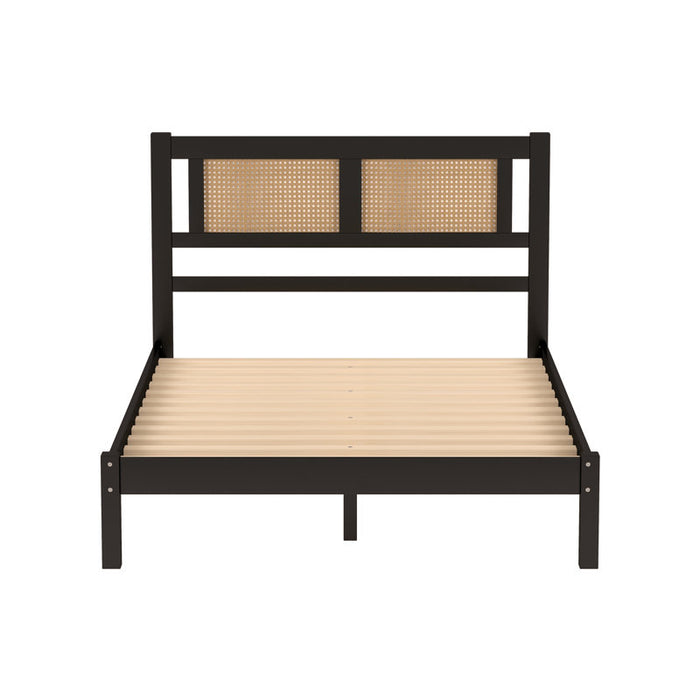 Wooden Platform Full Size Black Bed with Natural Rattan Headboard,Minimalist Elegance Charm for Bedroom